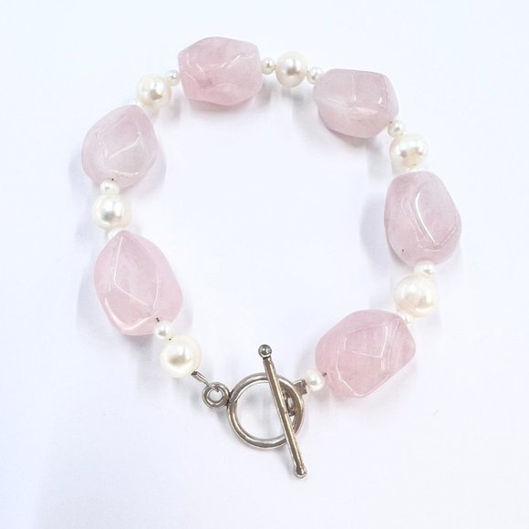 Rose Quartz Nugget & Freshwater Pearl Silver Tone Toggle Clasp 8” Bracelet - Picture 4 of 6